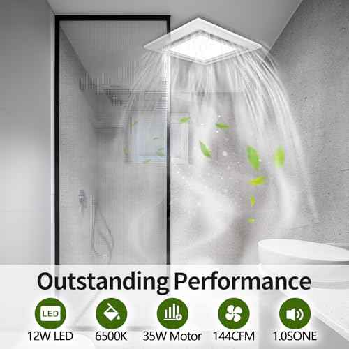TEPU Bathroom Exhaust Fan with Light 144 CFM, 11.8In Grille, Housing 9.8" x 9.8", Duct 4 Inch, 1.0 Sone Quiet Bath Ceiling Vent Fan Combo with 6500K 1200LM LED Light, for Bathroom, Laundry, Shower
