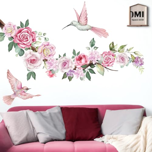 2 Sheets Watercolor Peony Flowers Wall Decals Floral Wall Stickers Pink Hummingbirds Wall Decals DIY Removable Flying Birds Floral Art Stickers for Living Room Sofa TV Background