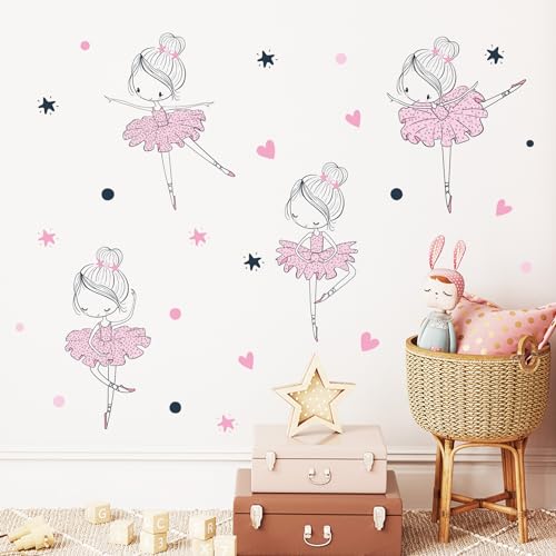4 Cute Ballerina Ballet Dancers Wall Decals for Girls Bedroom Large Removable Wall Stickers for Classroom Pink and Black Wall Murals Peel and Stick Vinyl Kids Room Decor for Living Room Nursery