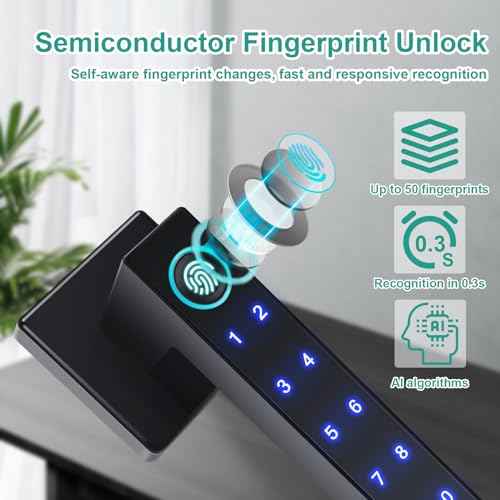 Fingerprint Door Lock,Smart Door Knob,Keyless Entry Door Lock with Handle,Biometric Digital Passcode Door Locks,Electronic Touchscreen Keypad Smart Door Locks for Bedroom Home Hotel Office Apartment