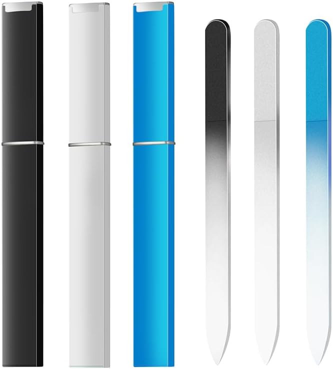 3 Pack Glass Nail Files for Natural Nail Professional Crystal Fingernail Files Double-Sided Etched Gentle Nail Care for Women Adults Black,White,Blue