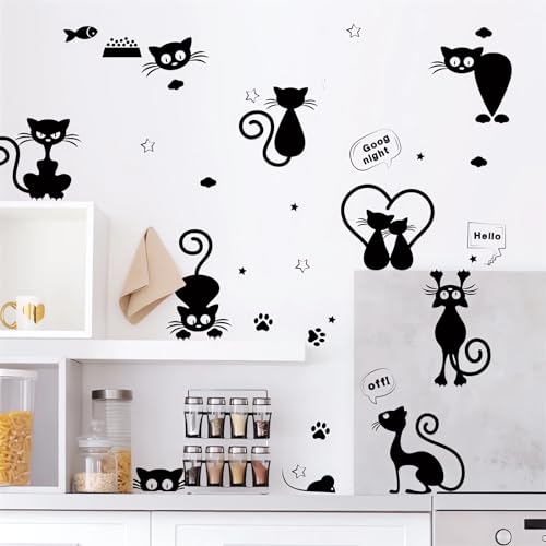 Cute Black Kittens Wall Stickers, sacinora Cat Paw Print Star Cloud DIY Wall Decals Removable Vinyl Peel and Stick for Bedroom Nursery Study Room Playroom Furniture Step Art Home Decorations