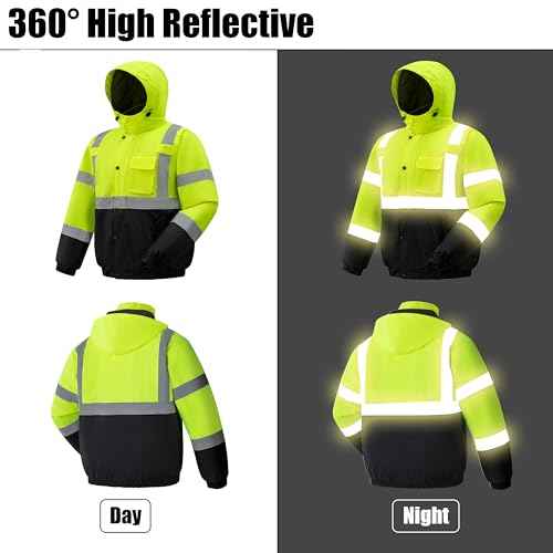 Ubon High Visibility Winter Safety Jackets for Men, Waterproof Reflective Hi Vis Construction Worker Jacket for Cold Weather