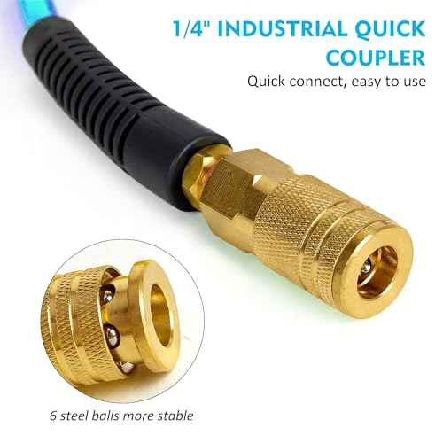 Air Compressor Hose 1/4 Inch x 100 Feet Reinforced Polyurethane (PU) Air Hose with Fittings, Bend Restrictors, 1/4" Industrial Quick Coupler and Plug Kit, Blue