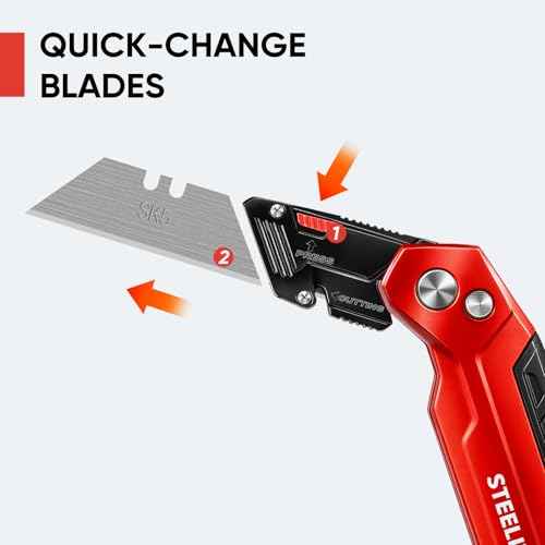 STEELITE Utility Knife Folding, Box Cutter Heavy Duty Metal, Quick Open Botton Lock Razor Knife for Cartons, Rapes, Leather and Cardboard, Blades Storage Design with 10 Extra Blade, Red