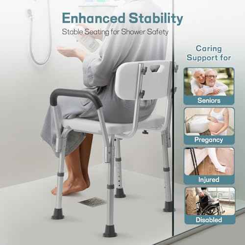Shower Chair for Elderly and Disabled with Padded Armrests and Back, Adjustable Height Shower Seat, Easy to Assemble Heavy Duty Shower Chairs for Inside Shower, Handicap