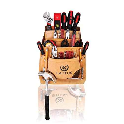 LAUTUS Leather Tool Pouch Bag |Carpenter, Construction, Framers, Handyman |2 Hammer Holders, 10 Pockets|