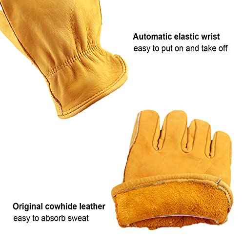 OZERO Leather Work Gloves for Men: 3 Pairs Cowhide Working Gloves Abrasion Resistant Driver Glove for Heavy Duty Yard Work DIY Women Gardening Glove Gold Large