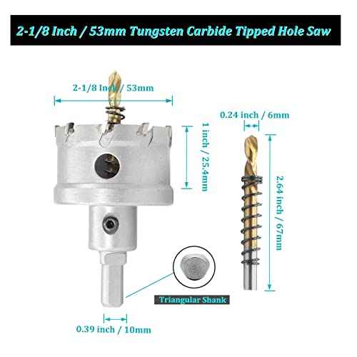 Metal Hole Saw 2-1/8 Inch / 53mm Hole Saw Drill Bit, Tungsten Carbide Tipped Hole Cutter with Titanium Plated Pilot Drill Bit, TCT Hole Saw for Stainless Steel Sheet Metal Brass Aluminum