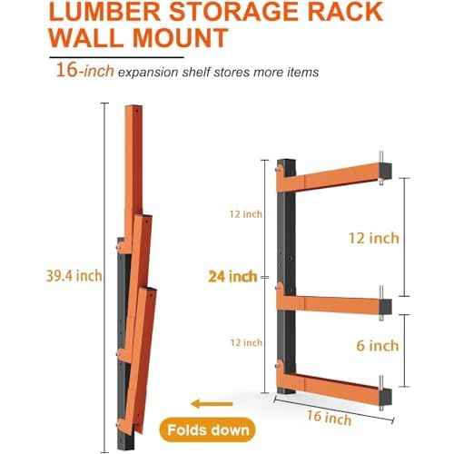 Lumber Rack Heavy Duty Wood Racks Wall Mount Folding Lumber Storage Racks with 3-Level Holds Up 360 LBS Sturdy Folding Garage Wood Organizer Orange Shelving Metal Shelf for Indoor & Outdoor- 2 Pack