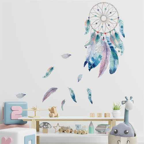 Blue-Green Dream Catcher Feathers Wall Stickers, sacinora Plume Wall Decals Removable Vinyl Peel and Stick for Living Room Bedroom Nursery Art Decorations