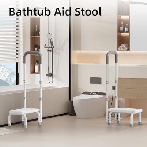 Height Adjustable Step Stool with Handle and Non-Skid Platform, Lightweight & Sturdy Standing Aid Support for Elderly, Seniors, Ideal for Bedside, Bathtub & Car Use, Holds up to 440 lbs (White)