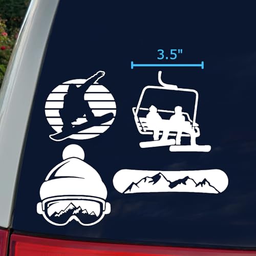 Snowboarding Decal 4 Pack: Snowboard Mountain, Goggles Beanie, Chairlift, Silhouette (Small ~3.5", White)