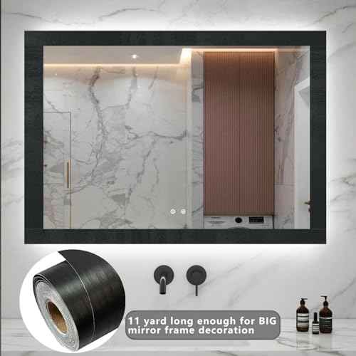 11Yard Peel&Stick Black Wood Grain Wallpaper Border Bathroom Mirror Frame Sticker Removable Waterproof Kitchen Wall Decor Tape (Black, 3.94Inch x 32.8Ft)