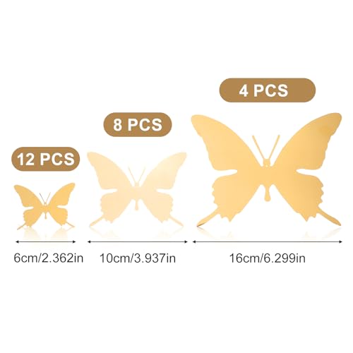 24PCS Metal Gold Butterfly Wall Decor with Hot Melt, 5.9" 3.94" 2.36" 3D Gold Butterfly Wall Decor Adhesive Flying Butterflies for Bedroom Ceiling Living Room Fences Patio Wedding Birthday Party