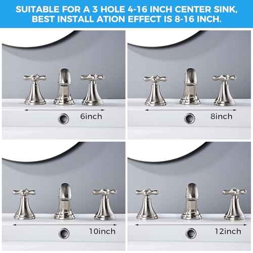 Vintage Widespread Bathroom Faucet - 2 Handle 3-Hole Sink Faucet Brushed Nickel Brass, Drip-Free Ceramic Disc Cartridge, Adjustable 8 to 16 Inch Installation