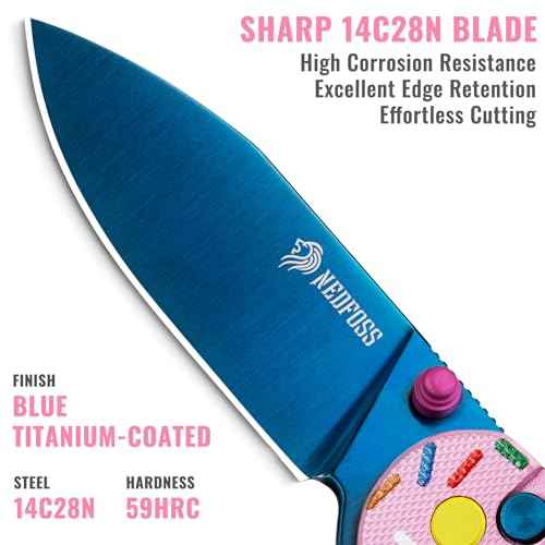 NedFoss DONUT Pink Pocket Knife for Women Men, 2.9" Blade Small EDC Knife, 14C28N Steel Button Lock Knife, Unique Donut Design G10 Handle Folding Knives