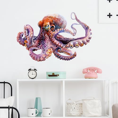Lifelike Octopus Wall Decal Nursery Sea Animal Wall Sticker for Bathroom Removable Peel and Stick Waterproof Wall Art Decor Stickers for Kids Baby Classroom Living Room Playing Room Bedroom