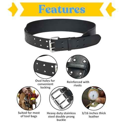 3-Inch Wide Full Grain Leather Tool Belt ? Heavy Duty Oil Tanned Construction with Thick Stitching & Reinforced Rivets ? Thick Work Belt for Carpenter, Electrician, Construction (Black, 35"-45")
