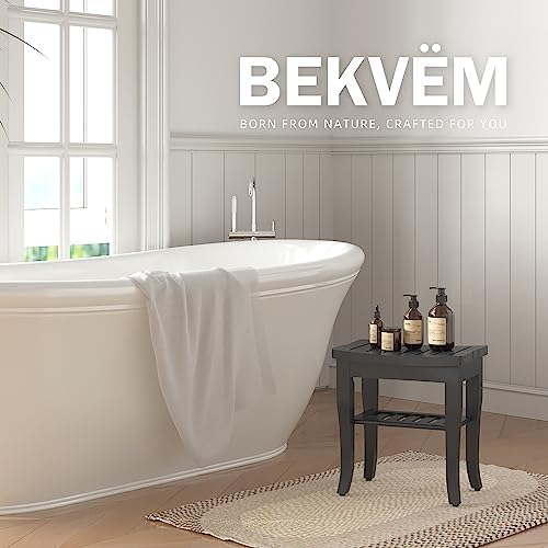 Bamboo Shower Bench, Spa Small Shower Stool for Inside Shower Waterproof, Bathroom Bench Seat with Storage Shelf for Adults Elderly Seniors, Wood Chair for Indoor or Outdoor Use, Black