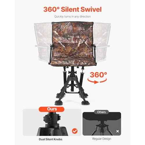 VEVOR Hunting Chair, 360¡Æ Silent Swivel, Foldable Portable Blind Chair, Heavy-Duty Steel Frame Ground Stool Seat, with Armrests, Cover, Anti-Sink Feet, Height Adjustable, 350 Lbs Capacity for Camping