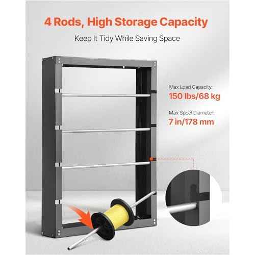 VEVOR Wire Spool Rack, 4 Adjustable Rods, Cold-Rolled Steel Wire Spool Holder Wall Mounted for Multi-Spools, Wiring Storage, 150 lbs Capacity Cable Dispenser, for Electrical Industrial Retail Use