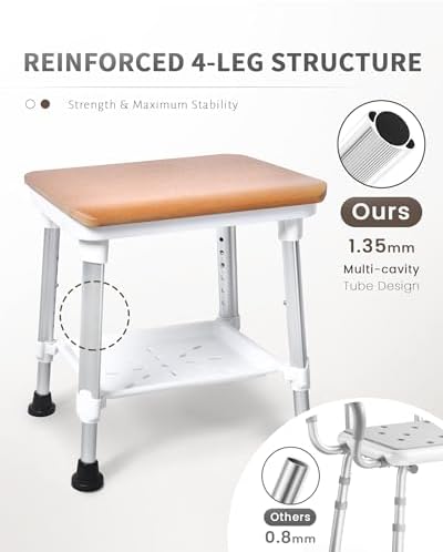Sangohe Shower Chair for Inside Shower, Shower Chair with Wood Seat Board and Back, Height Adjustable Shower Stool for Elderly and Disabled, 400 lbs Heavy Duty Shower Seat for Seniors, 796D-B