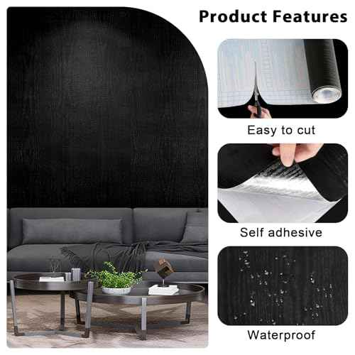 Black Wallpaper Wood Grain Contact Paper Peel and Stick Wall Paper Waterproof Self Adhesive Thickened Vinyl Wrap for Countertops Cabinets Desk Decorative Film Easy to Clean 15.7" x 118"