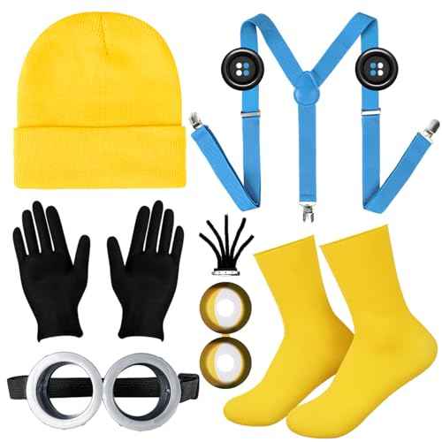 MOVINPE Halloween Costume Accessories, Steampunk Goggles Glasses Yellow Beanie Hats Elastic Suspenders Socks Gloves Buttons Halloween Cosplay Party Set