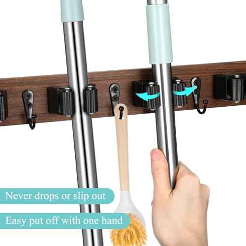 Chunful 4 Pack Mop and Broom Holder Wall Mount, Rustic Wood Broom Hanger with 4 Slots & 4 Hooks, Wall Mounted Garden Tool Rack Organizer for Bathroom Kitchen Closet Garage Room Office