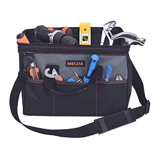 MEIJIA Portable Waterproof Tool Bag, Wide Mouth Open, Multi Inside Pockets for Tool Storage with Adjustable Shoulder Strap(14")