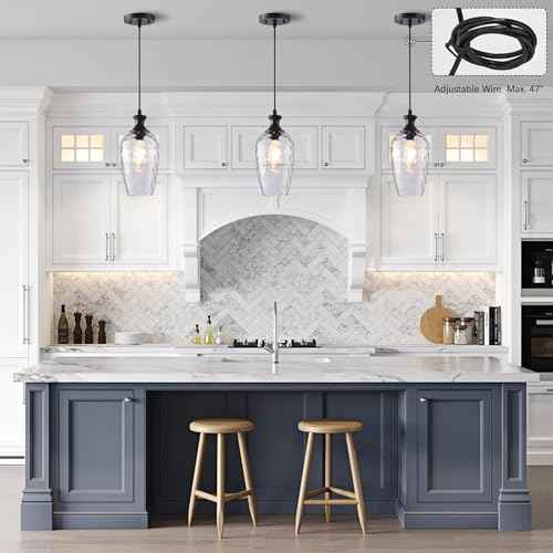 Glass Pendant Lights Kitchen Island, 1-Light Black Pendant Light Fixtures with Hand-Blown Clear Glass, Farmhouse Hanging Light for Kitchen Sink Dining Room Bedroom, E26
