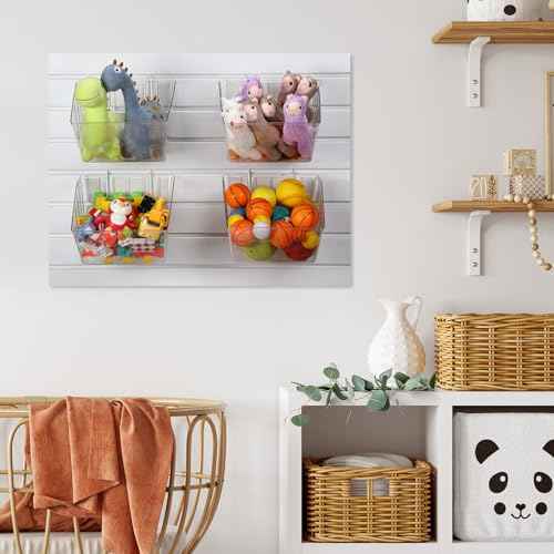 4 Pcs Slatwall Bins with Hooks, Plastic Wall Mounted Storage Bins Slatwall Accessories Organizer Containers for Organizing Hardware Tool Garage Wall DIY Craft Workbench(Clear)