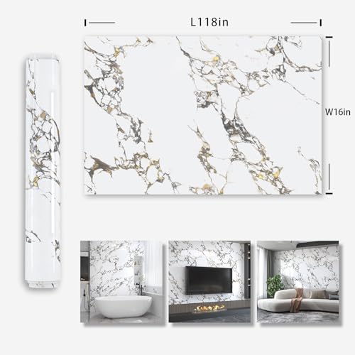 White Gold Marble self adhesive Contact Paper kitchen Granite Countertops peel and stick Wallpaper 118x16inch Removable sticky laminate Wall paper Vinyl Wrap Counter top cabinet decor table desk paper