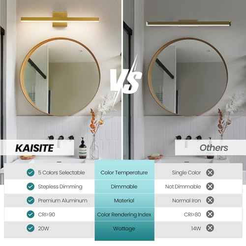 KAISITE Modern Bathroom Vanity Light Gold Light Fixture Over Mirror 24 inch Vanity Lighting Fixture Dimmable 5CCT LED Bar Vanity Light for Bathroom Restroom