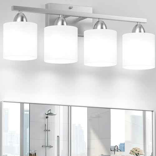 Bathroom Lighting Fixtures Over Mirror, Anti-Rust Vanity Light Fixture for Bathroom, Modern 4-Light Wall Sconce Light for Living Room, E26 Base, Milky White Glass Shades, Bulbs Not Included