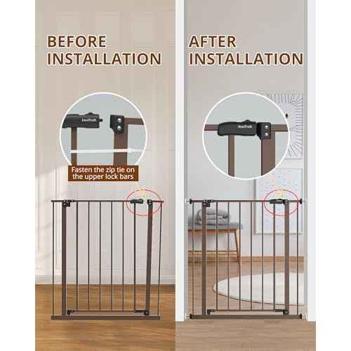 InnoTruth 28.9-42.1" Baby Gate with Door for Dogs, 30" Tall Pressure Mounted Dog Gates for The House Expandable One-Hand Open, Easy Step Walk Through Dual Lock Durable Metal Safety Pet Gates, Brown