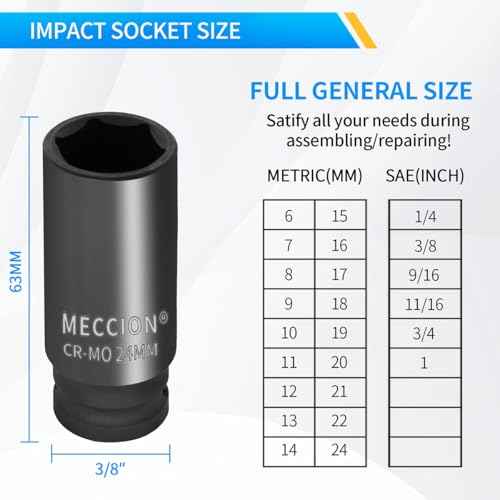 Meccion 3/8 Inch Drive Impact Socket 7mm Metric, 6 Point Cr-Mo Deep Socket, 63mm Length