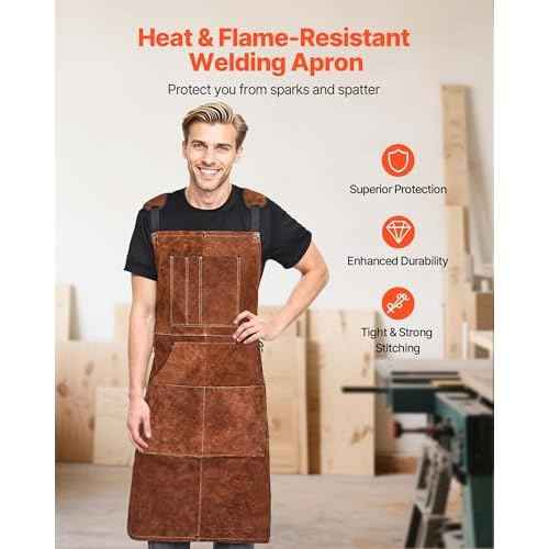 VEVOR Leather Welding Work Apron, Heavy Duty Cowhide Flame Resistant Welding Apron, Heat-Resistant Blacksmith Welder Aprons with 6 Tool Pockets for Woodworking, Gardening, BBQ