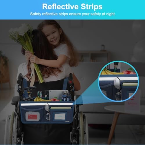 supregear Wheelchair Basket for Back, Large Capacity Wheelchair Backpack Organizer Bag with Multiple Pockets and Cup Holder, Waterproof Storage Pouch for Seniors, Dark Blue