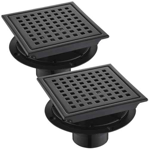 6 Inch Square Shower Drain Set of 2 with Removable, Square Grille, 304 Stainless Steel, Includes Shower Drain Base Hair Filter, Black, for Bathroom, Kitchen, Balcony 2 Pack