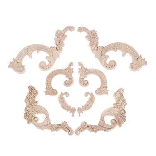 Wood Carved Appliques Wooden Onlays, 1 Pair Unpainted Decorative Carving Furniture Decals Frame Decor for Door Wall Cabinet Dresser Fireplace Ceiling Bed Home DIY Project, 8.5x4.5cm/3.35"x1.77"