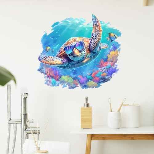Sea Turtle Wearing Sunglasses Wall Decals Removable Animal Vinyl Stickers for Nursery Living Room and Bathroom Ocean Theme Decor Peel and Stick Wall Art