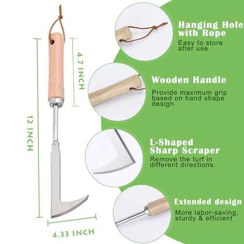 Crack Weeder, 12" Stainless Steel Crevice Weeding Tool with Wood Handle, L-Shaped Side-Walk Weed Puller Spatula, for Garden Lawn Yard Patio Terrace Paving Moss, Small Gardening Tool