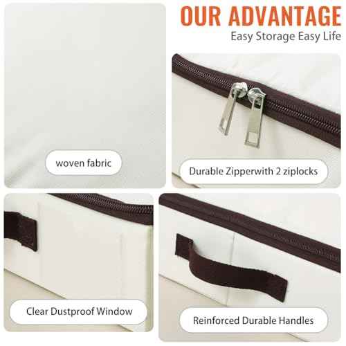 AMJ 3 Pack 4inch Underbed Storage Bins, Under Bed Storage Containers with Zippers for Blanket, Pillows, Comforters & Quilts, Beige