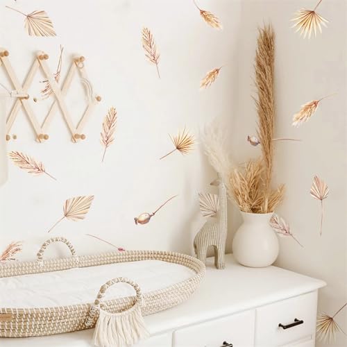 6 Sheets 60 Pcs Wheat Ear of Wheat Peacock Feathers Wall Stickers, sacinora Yellowish Maple Leaf DIY Natural Wall Decals Removable Vinyl Peel and Stick for Living Room Bedroom Art Home Decor