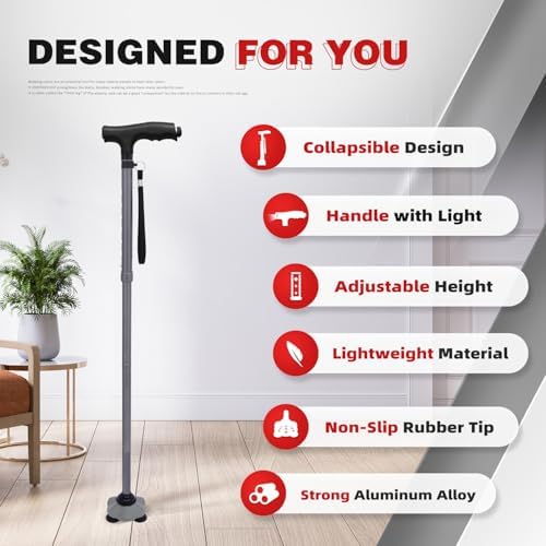 BigAlex Folding Walking Cane with LED Light, Lightweight Adjustable Canes for Women & Men, Free Standing Canes, Pivot Tip, Adjustable Travel Walking Aids with Carry Bag for Seniors Balance & Stability
