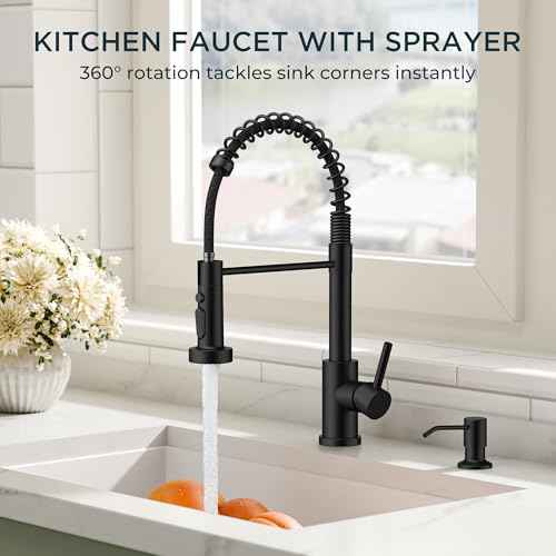 QFN Black Kitchen Faucet with Soap Dispenser, Stainless Steel Modern Spring Single Handle Commercial Kitchen Sink Faucet with Pull Down Sprayer Fit for 1 or 3 Hole for Farmhouse Rv Laundry Room