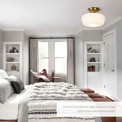 Schoolhouse Style Semi Flush Mount Ceiling Light Fixture, 12" Modern Gold Hallway Ceiling Lamp with Opal Milk Glass Shade Brass, Farmhouse Globe Light for Bedroom Kitchen Hallway Entryway Laundry