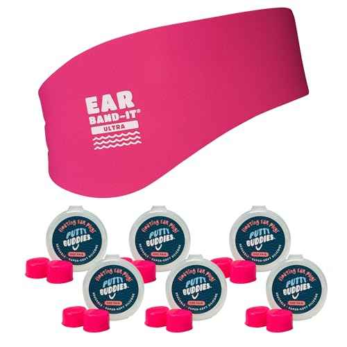 Earvolution Ear Band-It Ultra Premium Swimming Headband and Swimmers Ear Plugs Bundle - Invented by Ear, Nose, and Throat Physician - Made in USA - Custom Anti-Slip Grip Neoprene - Hot Pink - Large